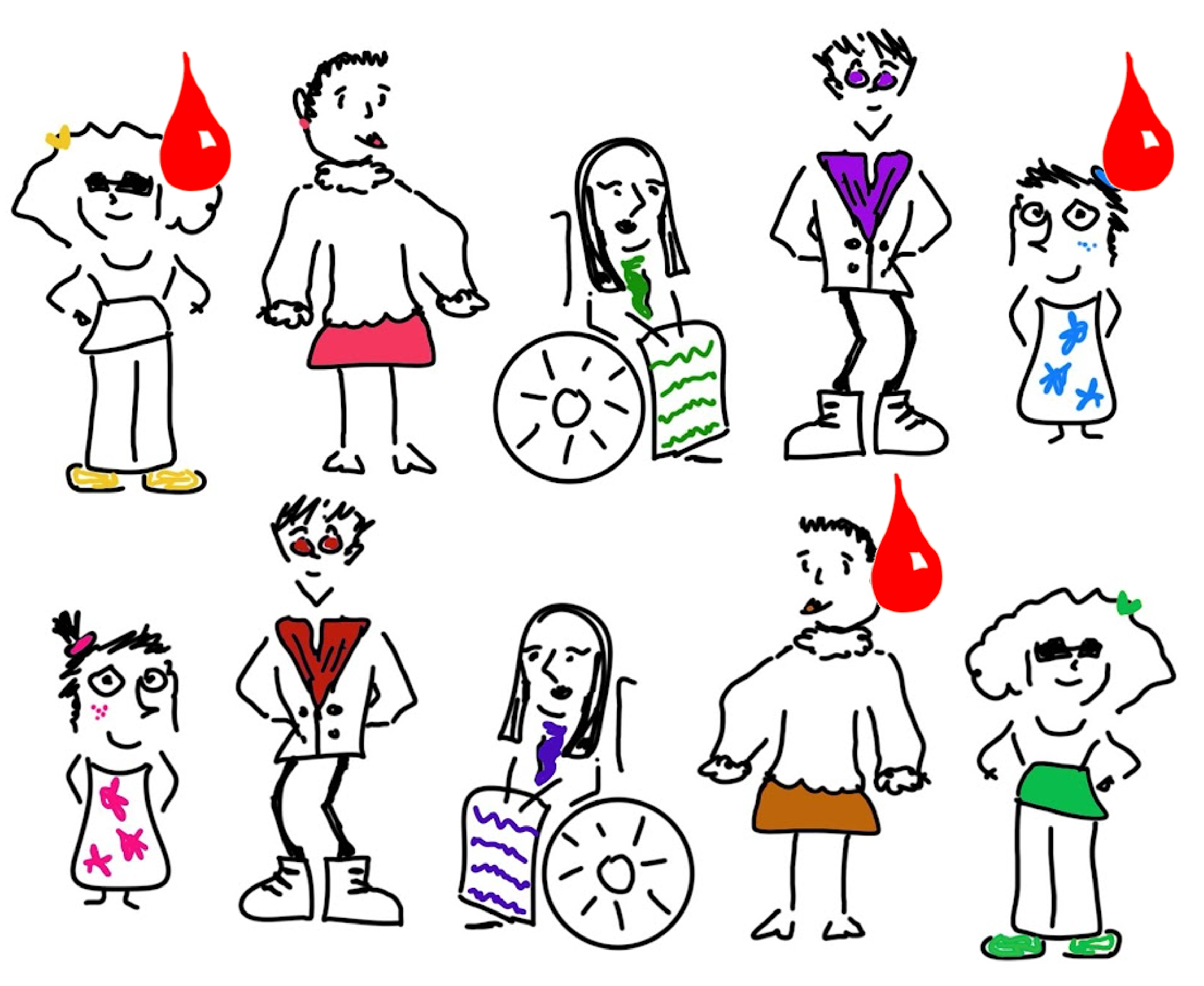 Same picture as before but three people now have a blood drop symbol indicating a clot.