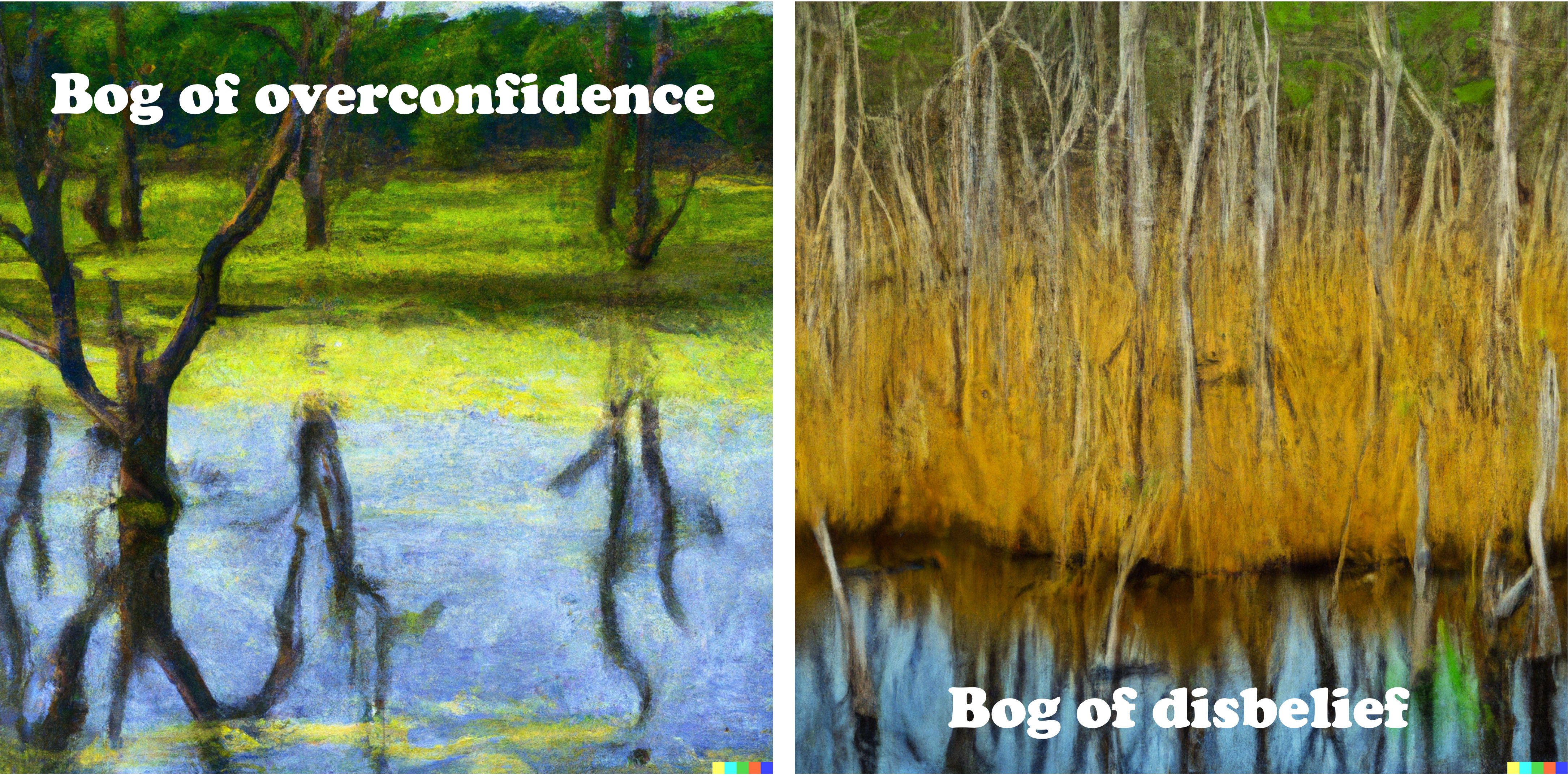 Two AI images generated by DALLE 2 from the prompt “dramatic oil painting of a swamp”. The left is labelled ‘bog of overconfidence’ and the right is labelled ‘bog of disbelief’.