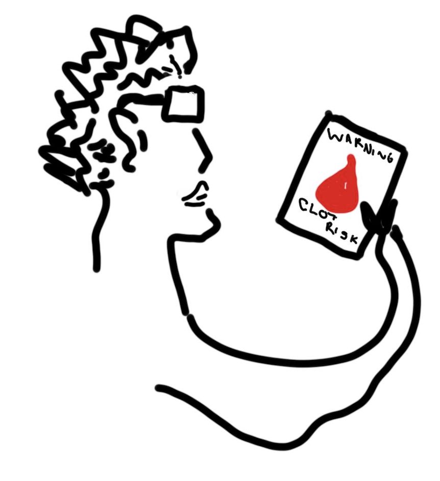 A cartoon/sketch person wearing classes with short hair looking at a pamphlet with a blood drop on it that says "warning clot risk: